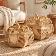 Wicker Pumpkin Shaped Storage Basket with Lid - Handwoven Rattan Fall Decor for Candy, Snacks & Gifts -ZENG-091801