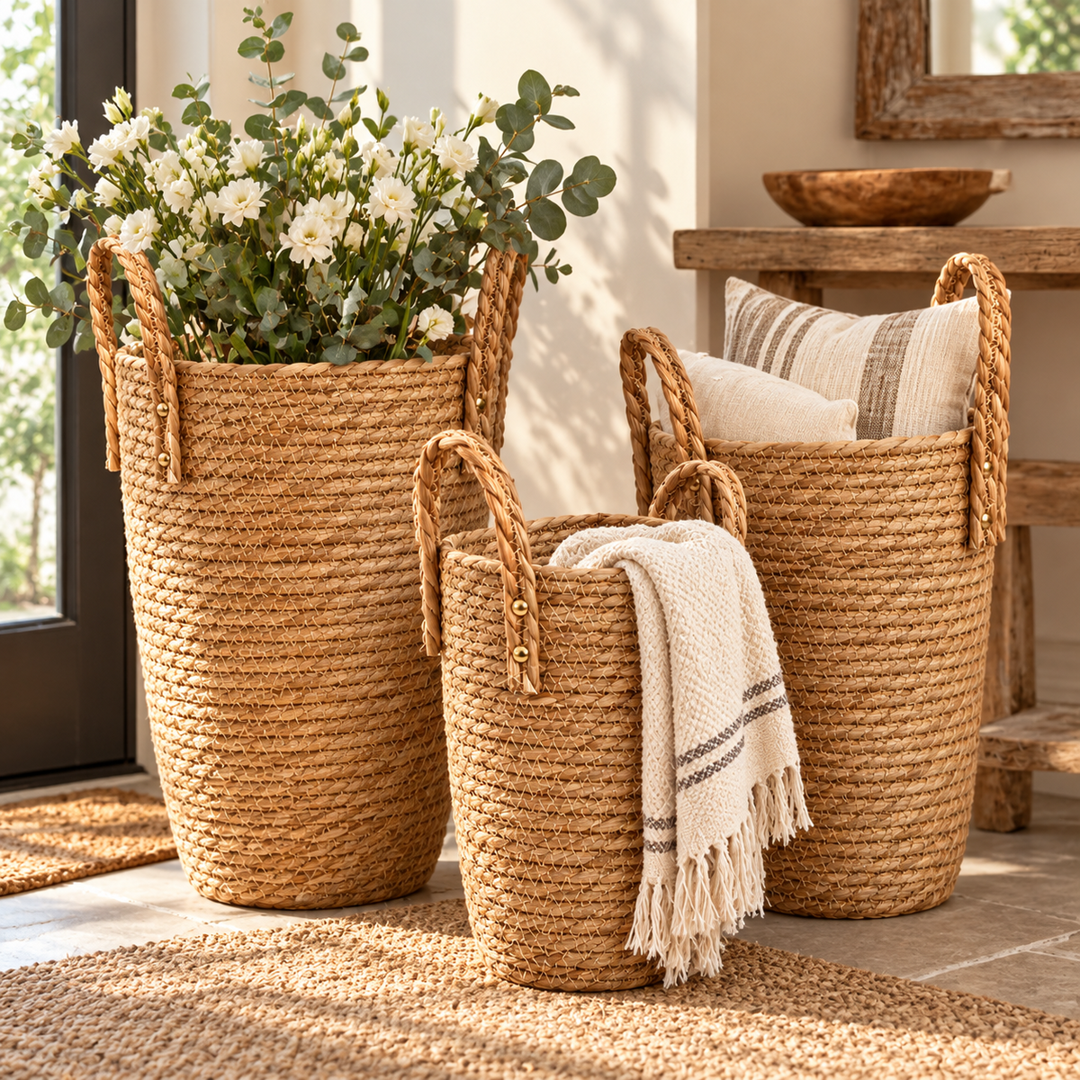 Woven Floor Basket with Handles – Decorative Storage & Flower Basket for Home Decor-091605-cc