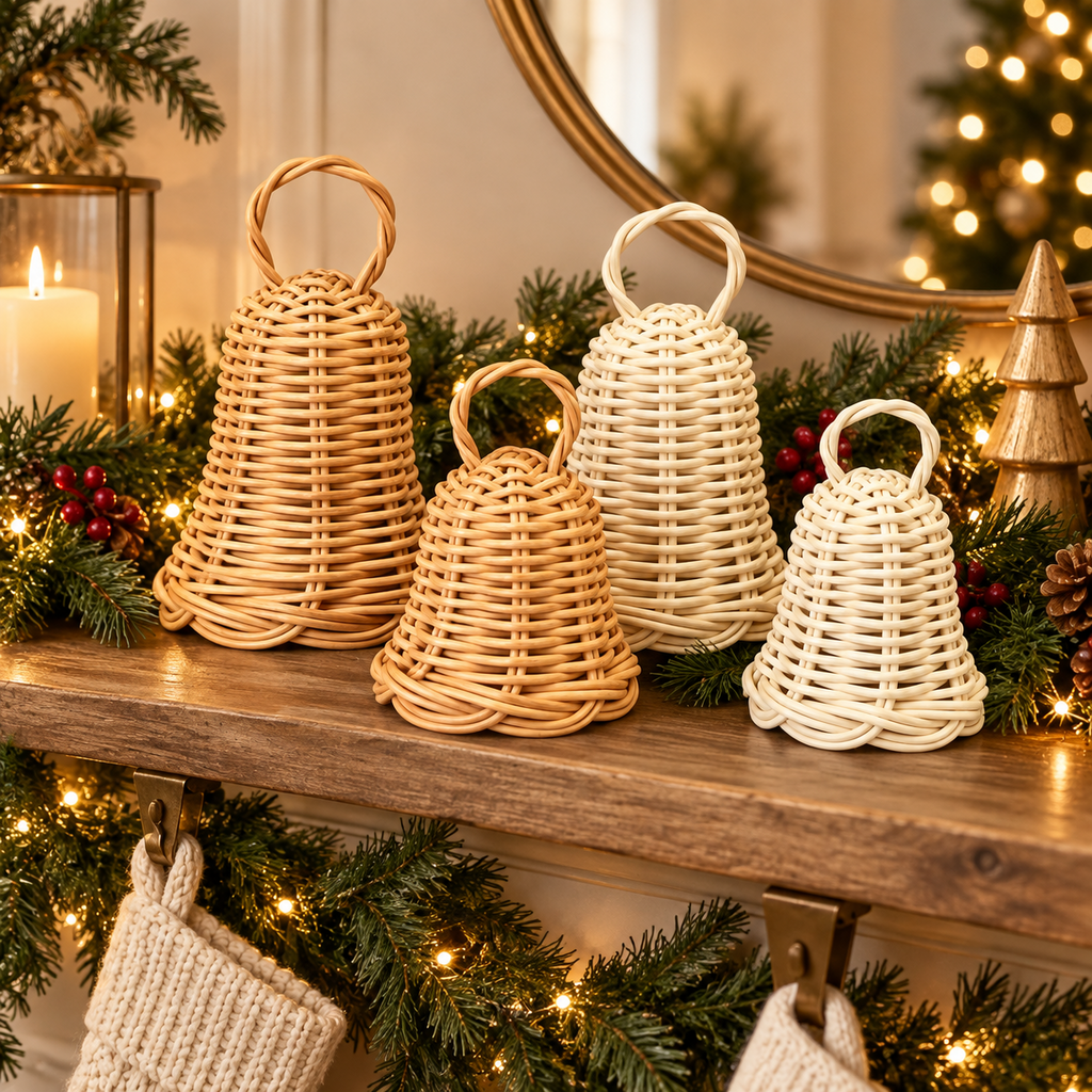 Natural Rattan Christmas Bell Ornament – Handwoven Hanging Holiday Decoration for Tree, Door & Home Decor-cc-091708