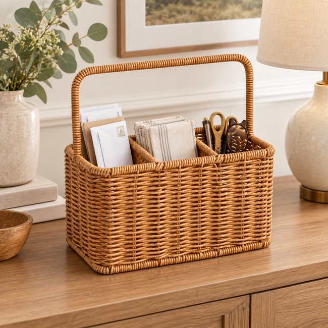 Woven Caddy Organizer with Handle – Divided Storage Basket for Desk, Kitchen & Home-091610-cc Main Image