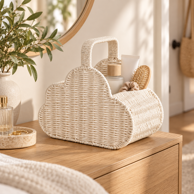White Cloud Shaped Woven Storage Basket with Handle –Baby Clothes, Toys & Kids Room Decor-cc-091803 Main Image