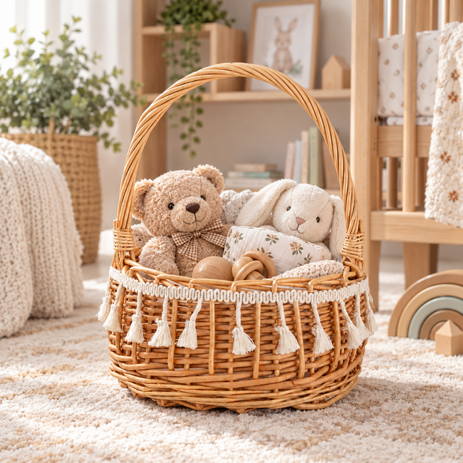Handwoven Wicker Flower Basket with Tassel Trim & Single Handle, Round Woven Floral Arrangement Basket with Liner for Wedding, Gift & Home Decor -ZENG-091607 Main Image