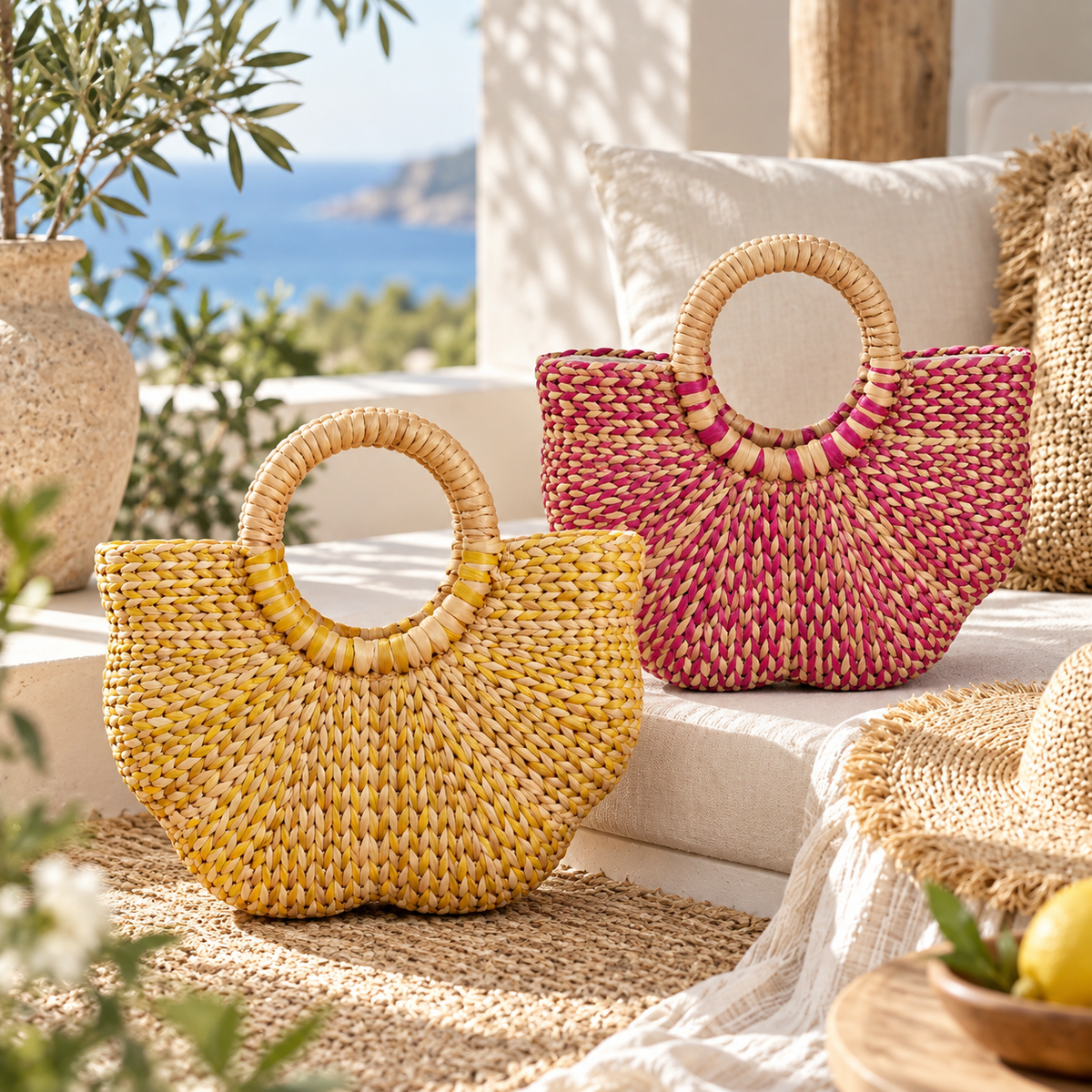 Handwoven Water Hyacinth Tote Bag for Women – Pink Natural Woven Handbag with Round Handles for Beach, Travel & Summer Outfits-cc-091710