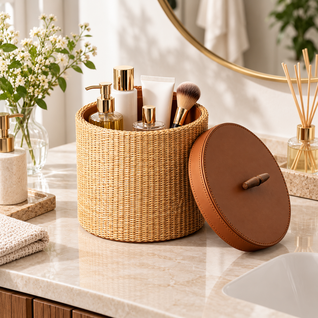 Round Woven Storage Basket with Lid – Decorative Organizer for Vanity, Bathroom, Bedroom & Living Room-cc-091715 Hover Image