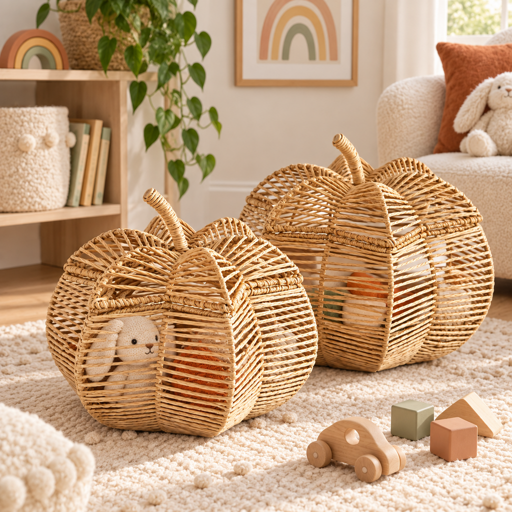 Wicker Pumpkin Shaped Storage Basket with Lid - Handwoven Rattan Fall Decor for Candy, Snacks & Gifts -ZENG-091801