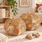 Wicker Pumpkin Shaped Storage Basket with Lid - Handwoven Rattan Fall Decor for Candy, Snacks & Gifts -ZENG-091801