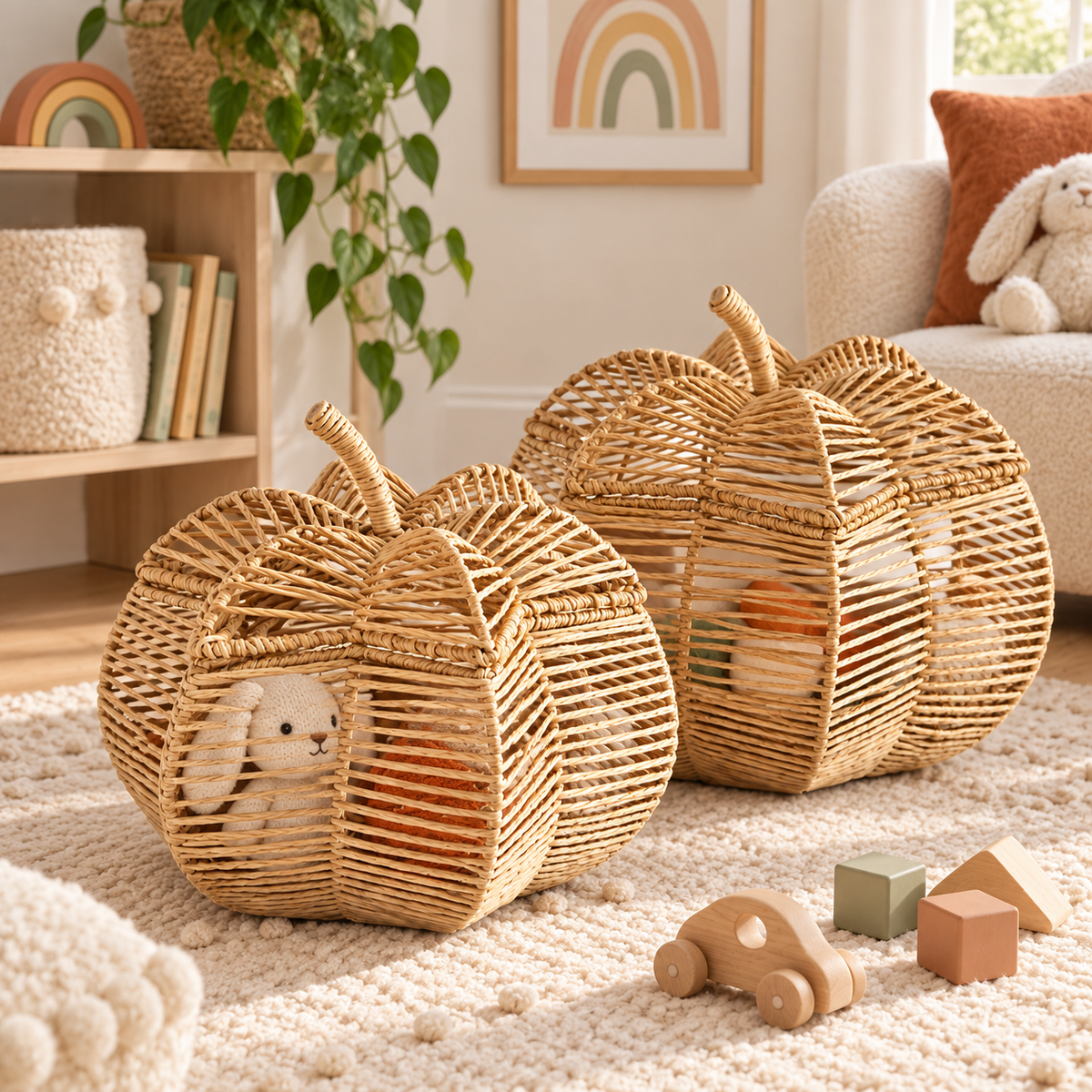 Wicker Pumpkin Shaped Storage Basket with Lid - Handwoven Rattan Fall Decor for Candy, Snacks & Gifts -ZENG-091801