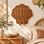 Seashell Shaped Wicker Wall Hook, Handwoven Rattan Coastal Decor Hanger for Hats, Towels & Bags, Beach Style Entryway Decoration -ZENG-091715