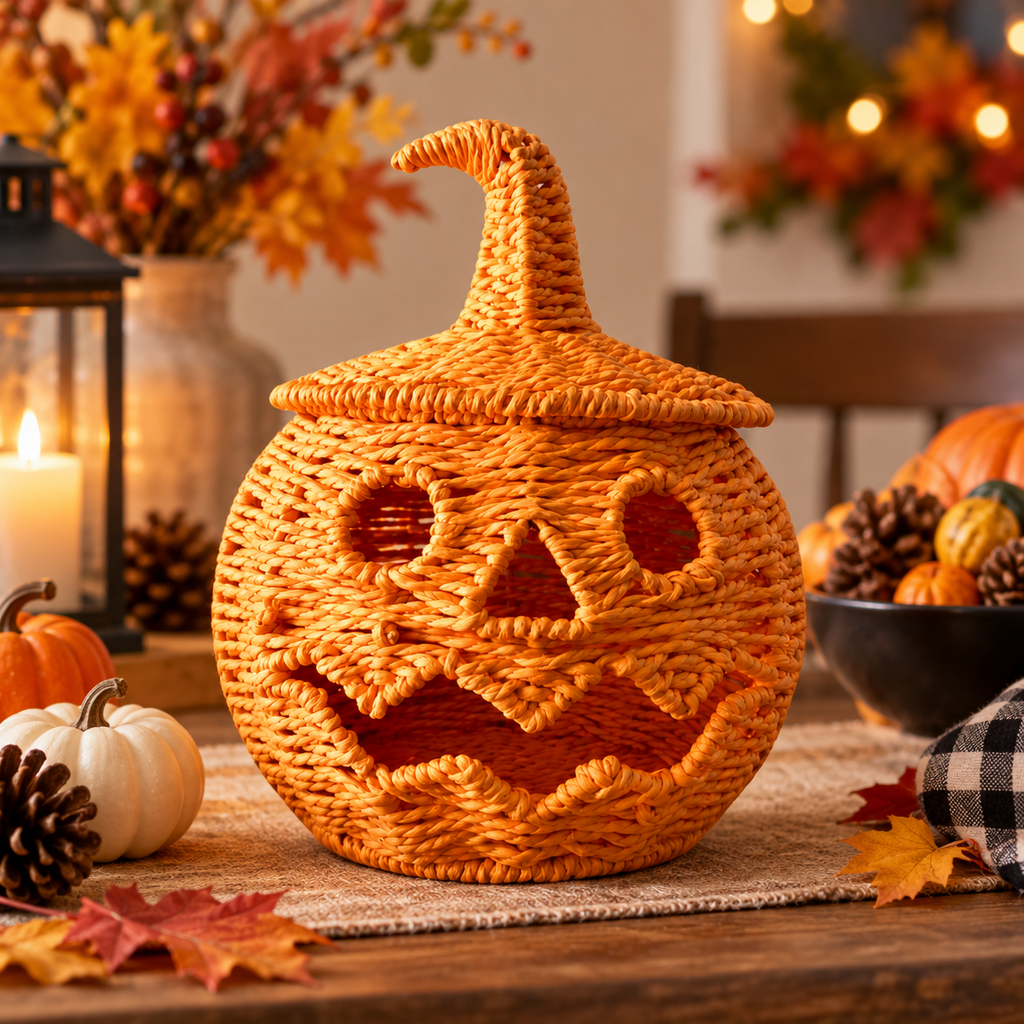 Handwoven Orange Pumpkin Basket with Lid for Halloween, Natural Rattan Woven Storage Basket with Carved Jack-O'-Lantern Face, Candy Bowl and Holiday Decorative Storage Container -cc-091722