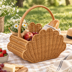 Woven Picnic Basket with Wave Trim & Handles, Handmade Wicker Basket for Baguette, Fruits & Outdoor Picnic, Farmhouse Summer Decor -ZENG-091709