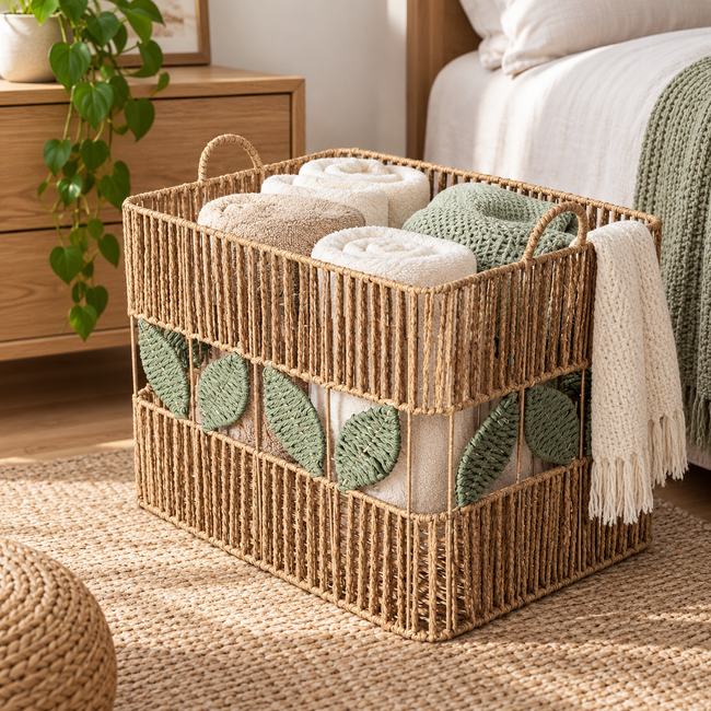 Rectangular Woven Storage Basket with Handles & Leaf Design – Large Decorative Organizer for Laundry, Toys, Blankets & Home Storage-cc-091802 Main Image