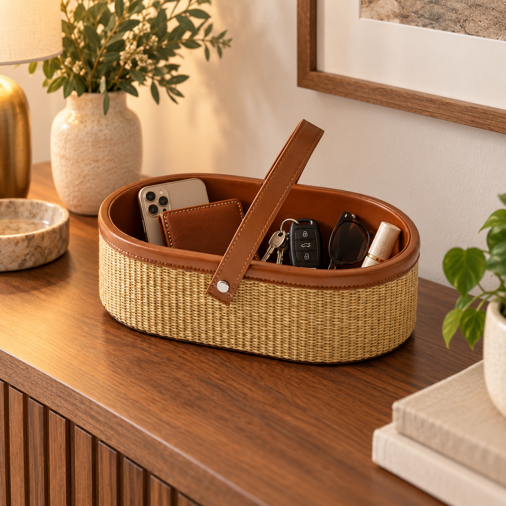 Woven Bathroom Storage Basket with Handle – Portable Toiletry & Vanity Organizer for Skincare, Cosmetics & Home-091619-cc