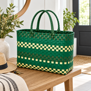 Green Woven Tote Bag with Woven Handles, Yellow Green Handwoven Wicker Beach Grocery Bag for Car Travel and Daily Carry -cc-091702