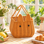 Cat Shaped Woven Basket with Ears & Bead Eyes, Handmade Wicker Serving Basket with Dual Handles for Bread, Fruits & Boho Table Decor -ZENG-091805