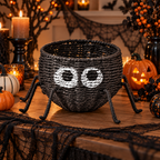 Black Spider Shaped Woven Candy Basket with Big Eyes & Legs, Handmade Halloween Trick-or-Treat Basket for Candy, Fruit & Party Decor -ZENG-091716
