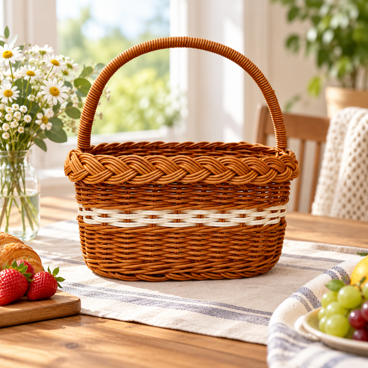 Brown Rattan Oval Woven Picnic Basket with Handles and White Trim, Classic Outdoor Tote for Camping, Shopping and Display -ZENG-091722