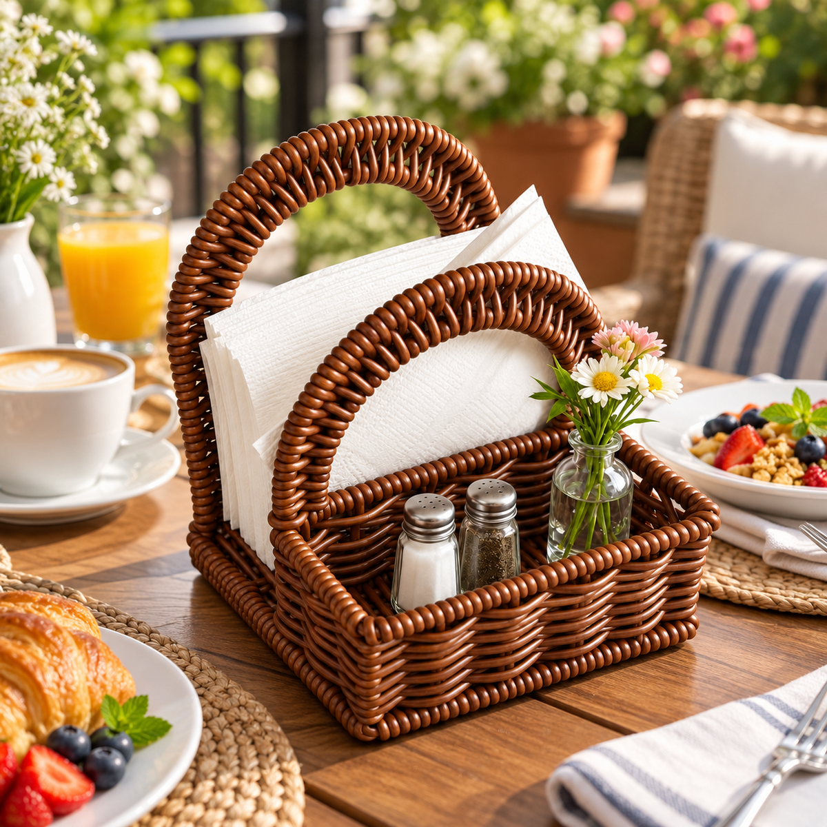 Handwoven Rattan Storage Basket with Double Loop Handles, Natural Wicker Serving Caddy for Dining Table, Farmhouse Kitchen Organizer for Napkins Condiments Glass Bottles and Flowers, Rustic Decorative Centerpiece -ZENG-091721