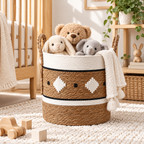 Cylinder Straw Woven Basket with Rope Handles, Handmade Seagrass Storage Basket with White Pattern & Black Diamond Accents for Home -ZENG-091711