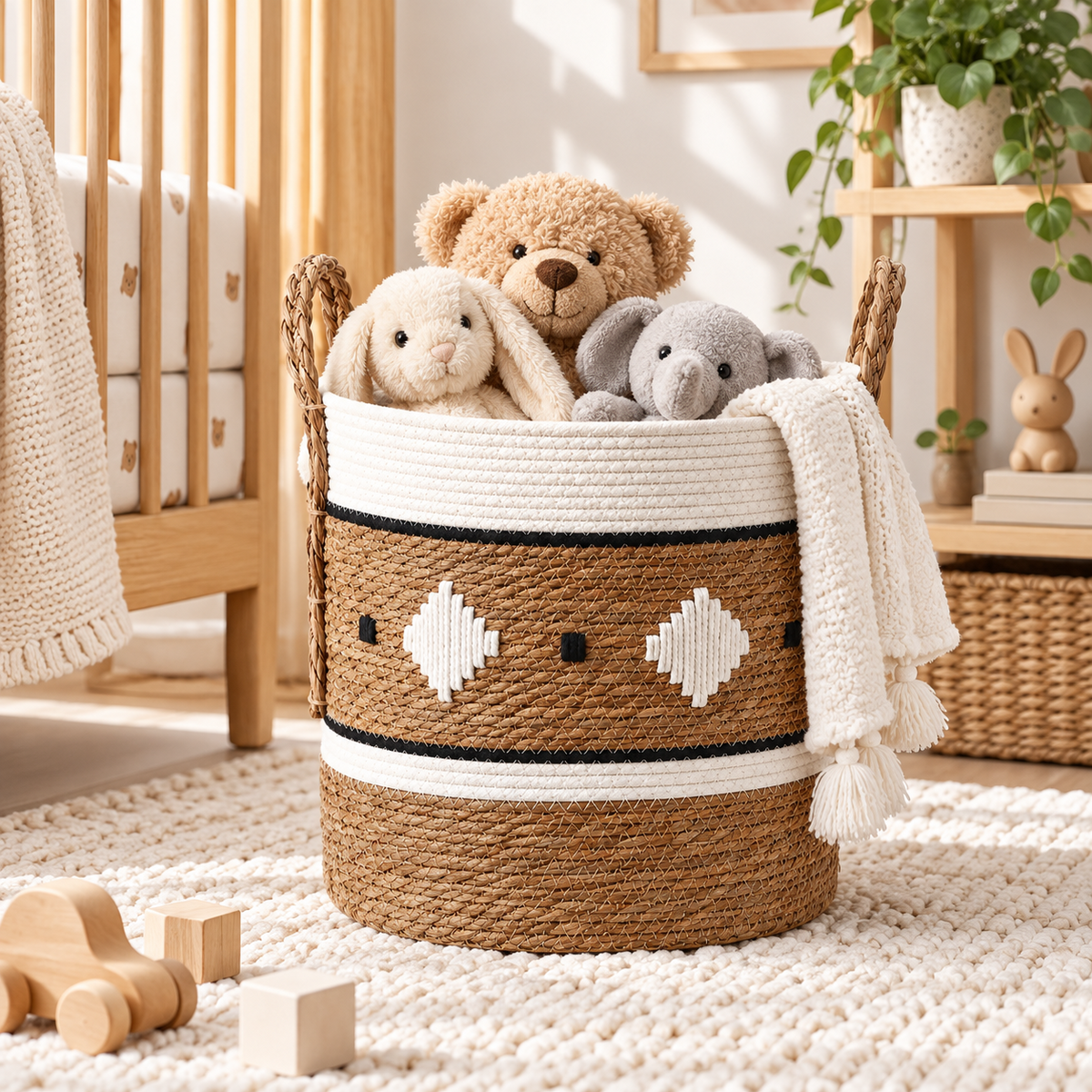 Cylinder Straw Woven Basket with Rope Handles, Handmade Seagrass Storage Basket with White Pattern & Black Diamond Accents for Home -ZENG-091711