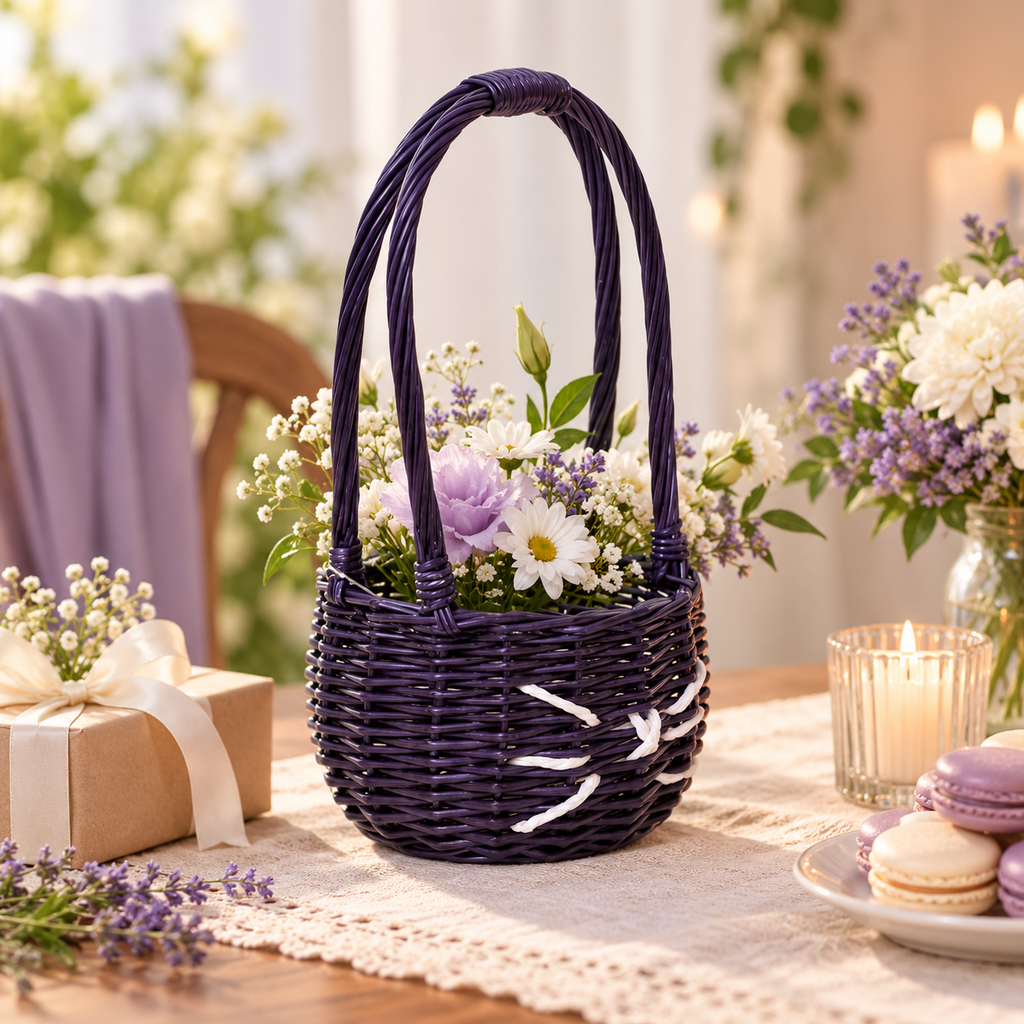 Black Rattan Woven Handled Basket with White Fishbone Stitching, Vintage Picnic and Gift Hamper, Farmhouse Storage Tote -ZENG-091720
