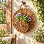 Handwoven Natural Rattan Hanging Plant Basket with Sturdy Hanging Ring, Bohemian Wicker Flower Pot Holder for Indoor Outdoor Garden Balcony Decor, Round Rattan Planter Basket for Potted Plants -ZENG-091719