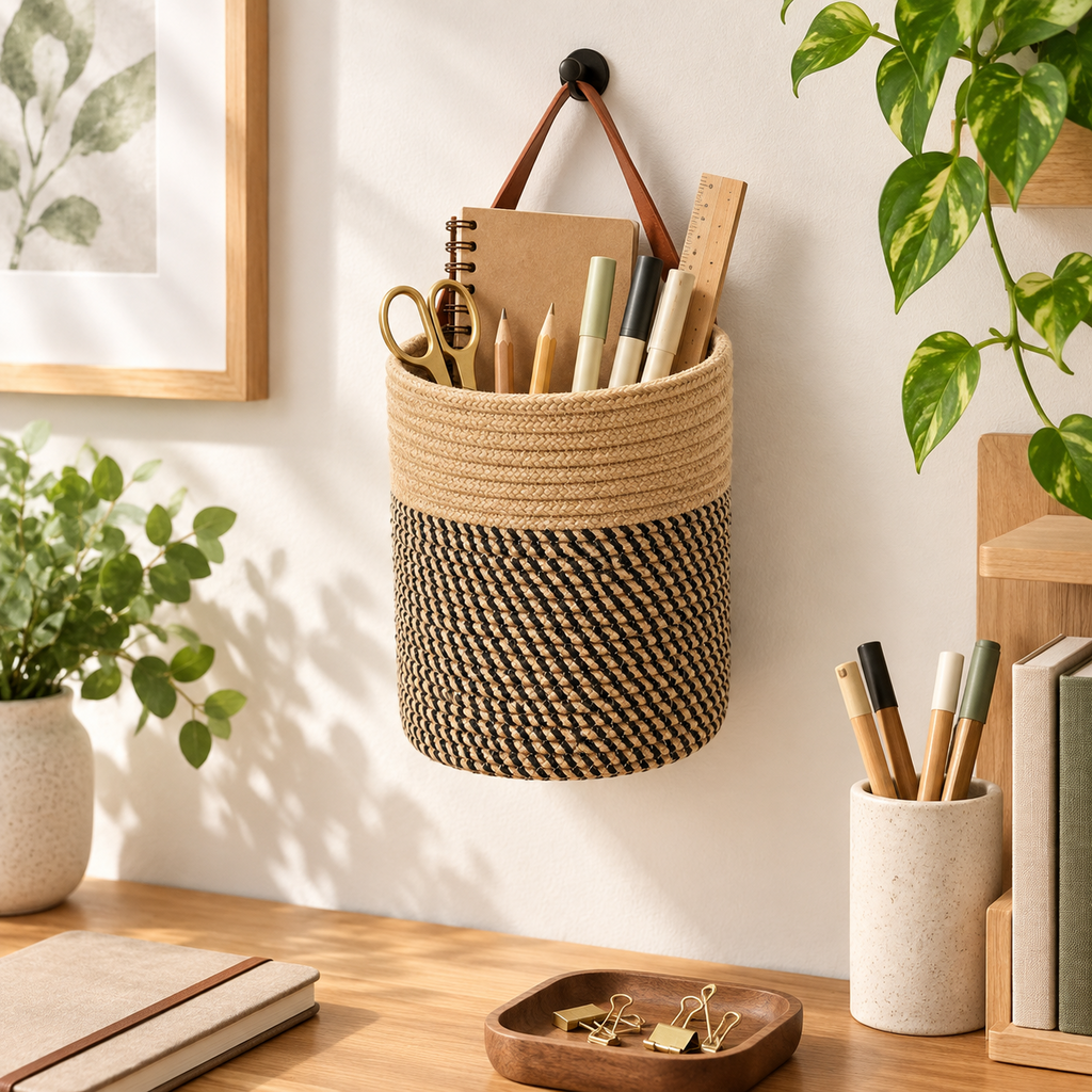 Black & Yellow Woven Hanging Storage Basket with Leather Handle, Handmade Wicker Bathroom Organizer for Towels, Toiletries & Boho Decor -ZENG-091806
