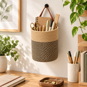 Black & Yellow Woven Hanging Storage Basket with Leather Handle, Handmade Wicker Bathroom Organizer for Towels, Toiletries & Boho Decor -ZENG-091806