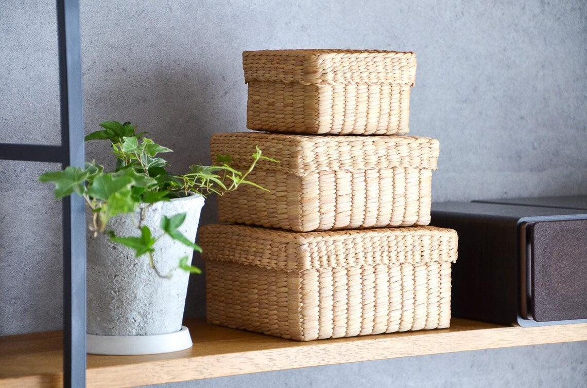 Square Woven Storage Basket with Lid for Home Organization Thai Water