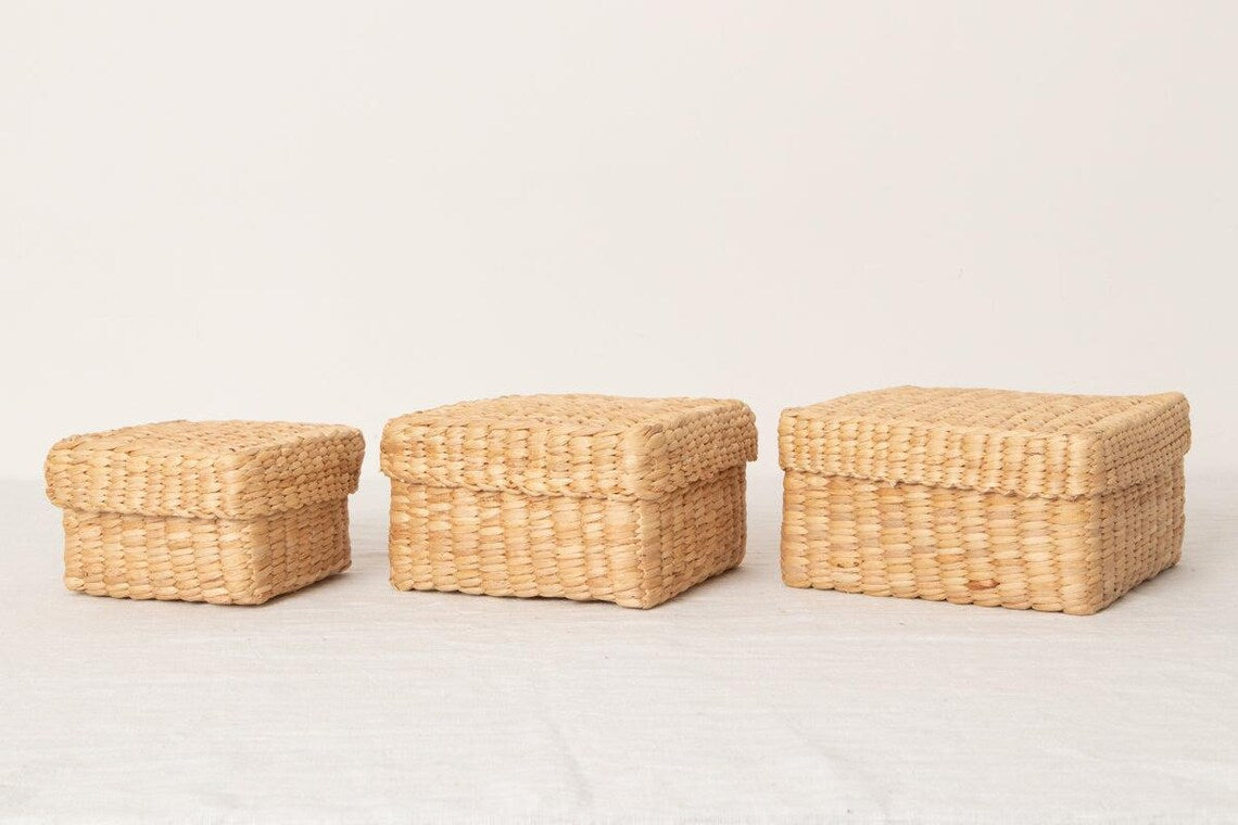 Square Woven Storage Basket with Lid for Home Organization Thai Water