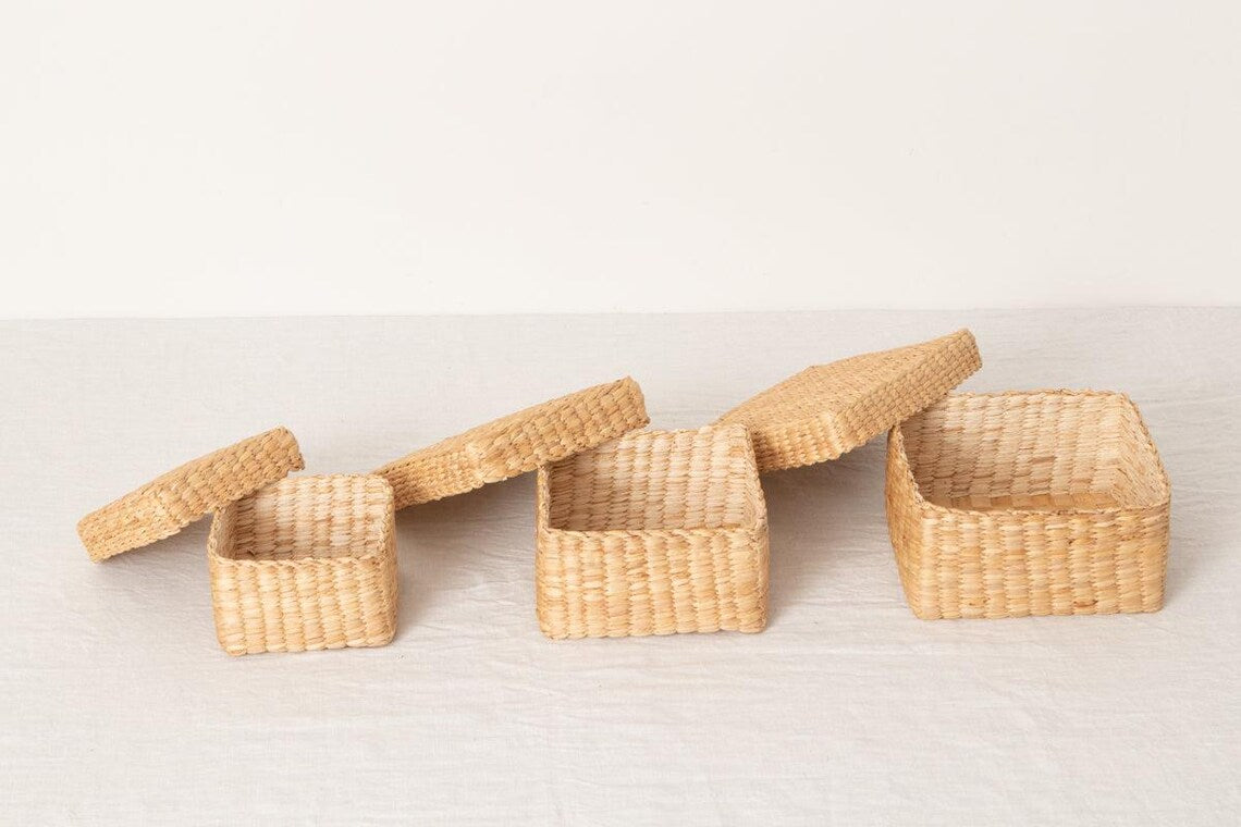 Square Woven Storage Basket with Lid for Home Organization Thai Water