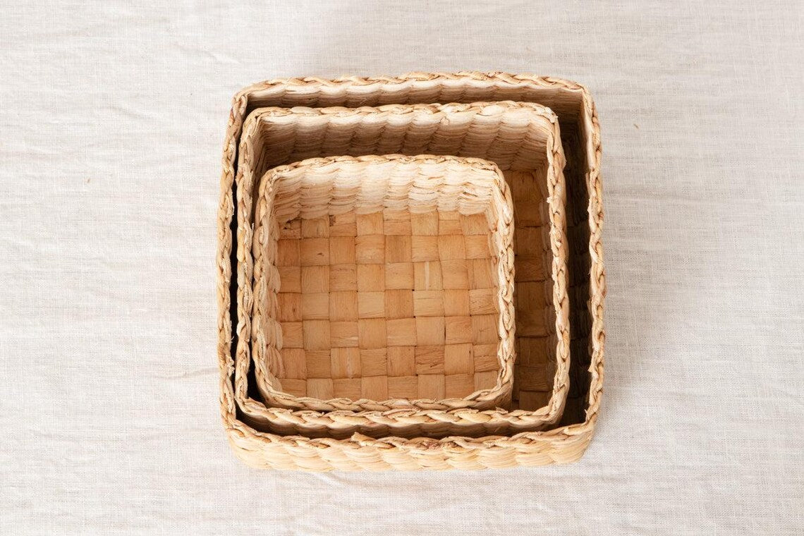Square Woven Storage Basket with Lid for Home Organization Thai Water