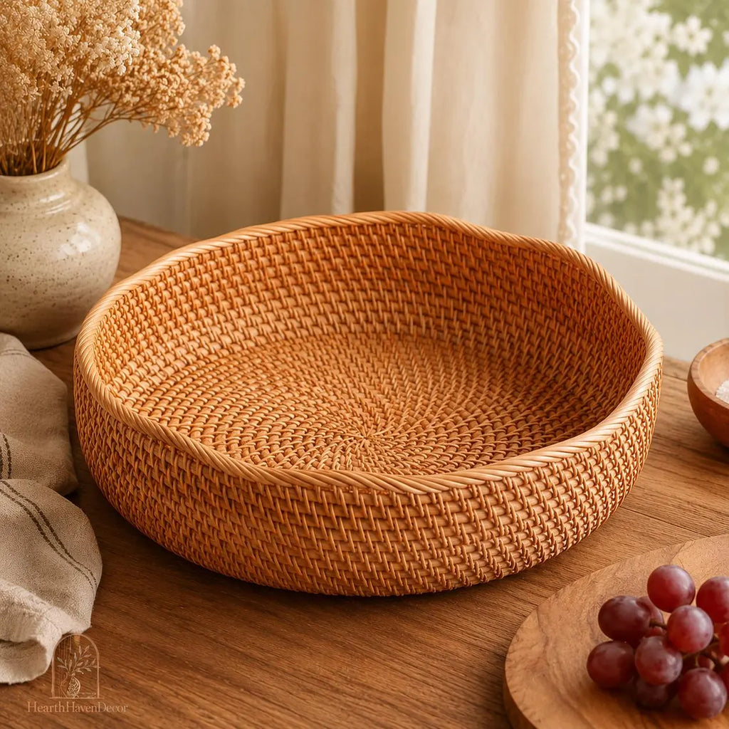 Rattan Tray Basket - Wavy Round Woven Fruit Bowl