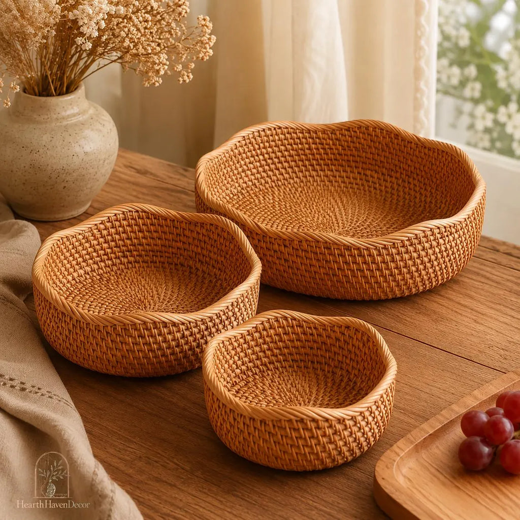 Rattan Tray Basket - Wavy Round Woven Fruit Bowl