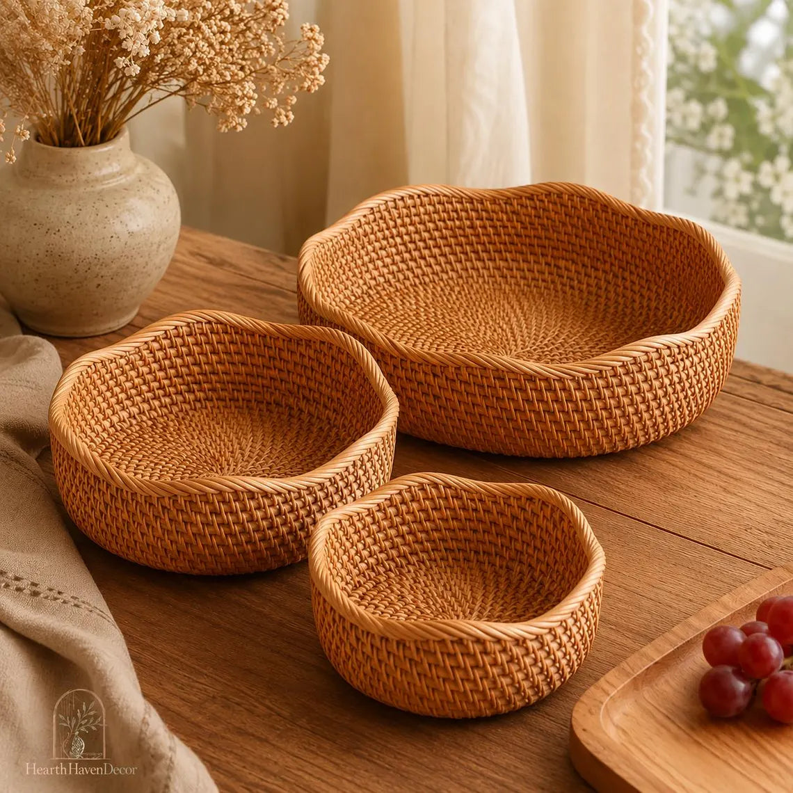 Rattan Tray Basket - Wavy Round Woven Fruit Bowl
