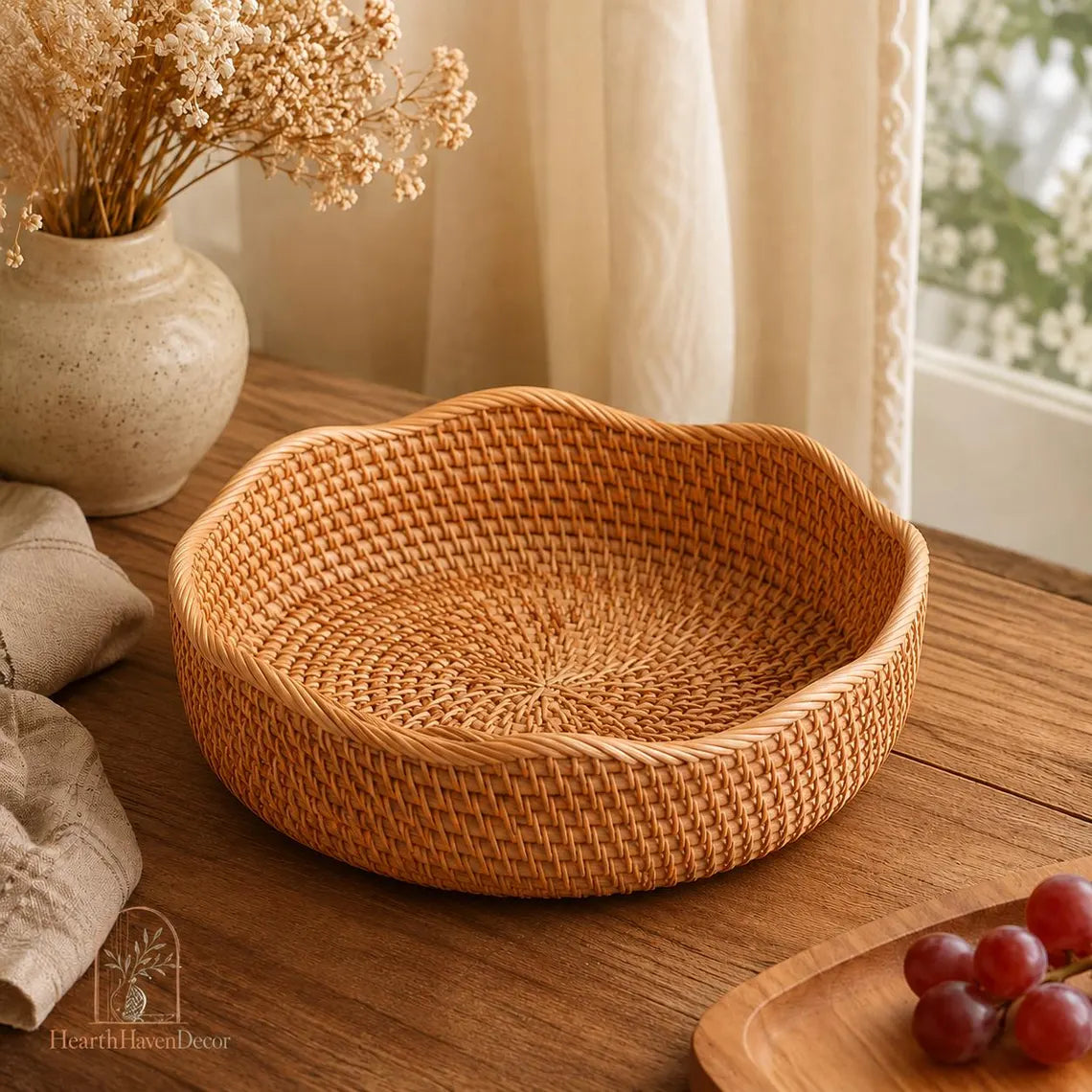 Rattan Tray Basket - Wavy Round Woven Fruit Bowl