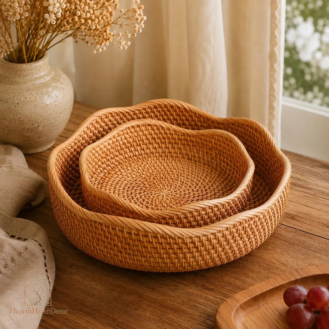 Rattan Tray Basket - Wavy Round Woven Fruit Bowl
