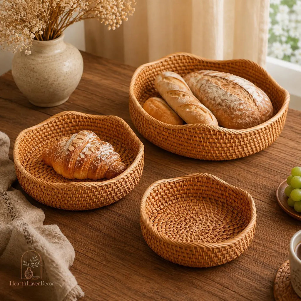 Rattan Tray Basket - Wavy Round Woven Fruit Bowl