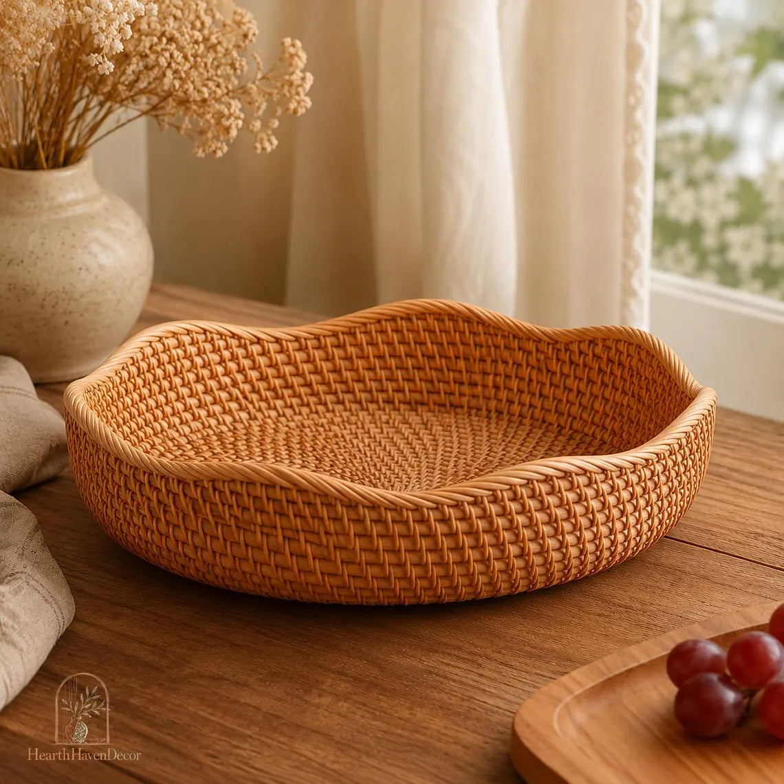 Rattan Tray Basket - Wavy Round Woven Fruit Bowl
