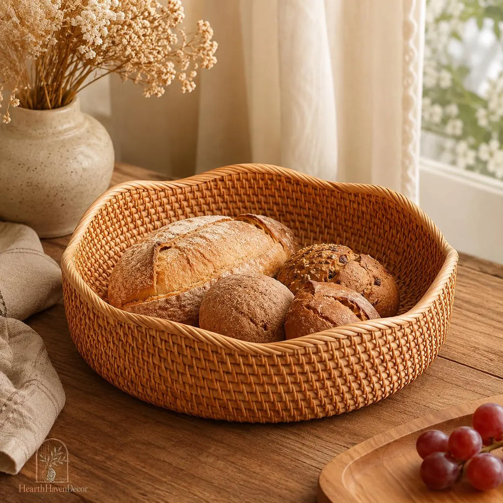 Rattan Tray Basket - Wavy Round Woven Fruit Bowl