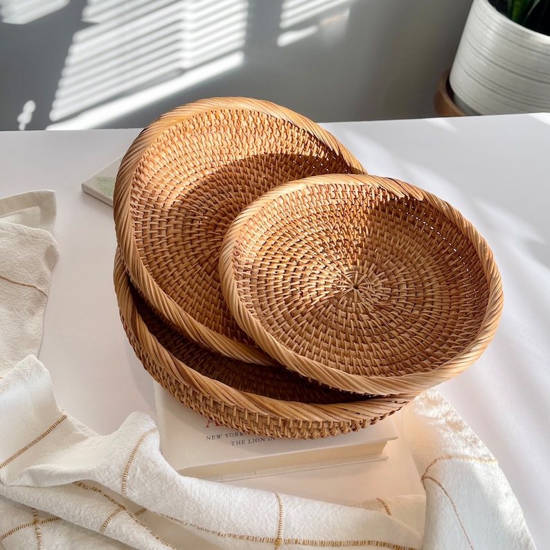 Juego de cestas tejidas naturales, cestas de almacenamiento de mimbre peque�as de regalo, pan decorativo