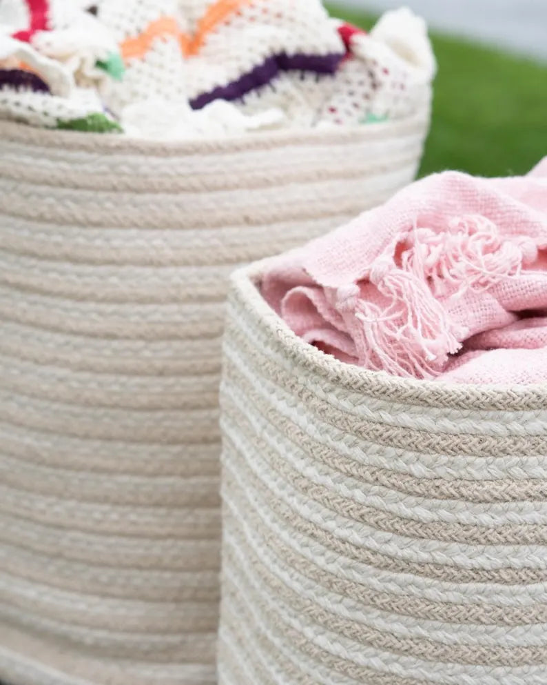 Handmade White Cotton Woven Storage Basket Set (Set of 2)