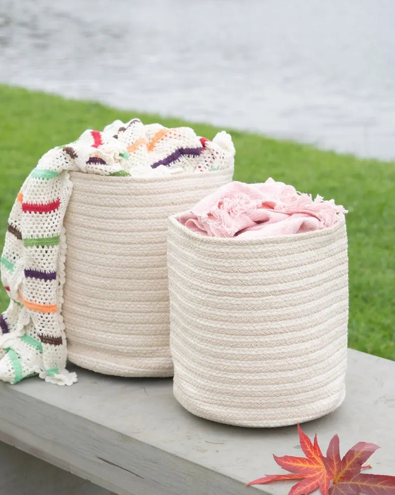 Handmade White Cotton Woven Storage Basket Set (Set of 2)