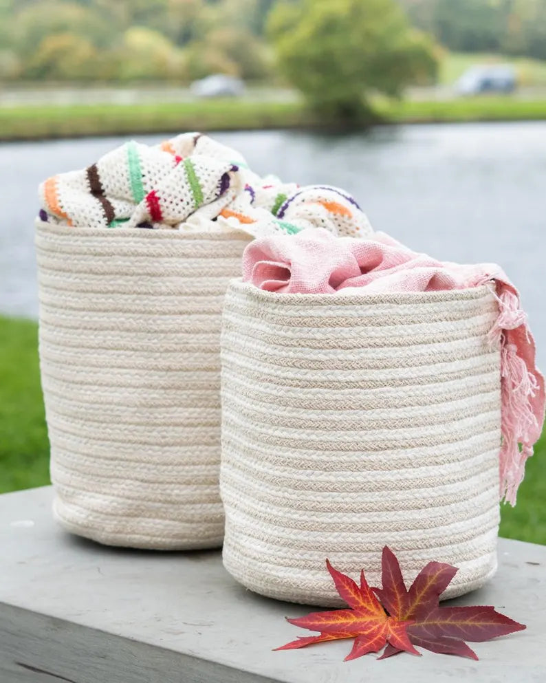 Handmade White Cotton Woven Storage Basket Set (Set of 2)