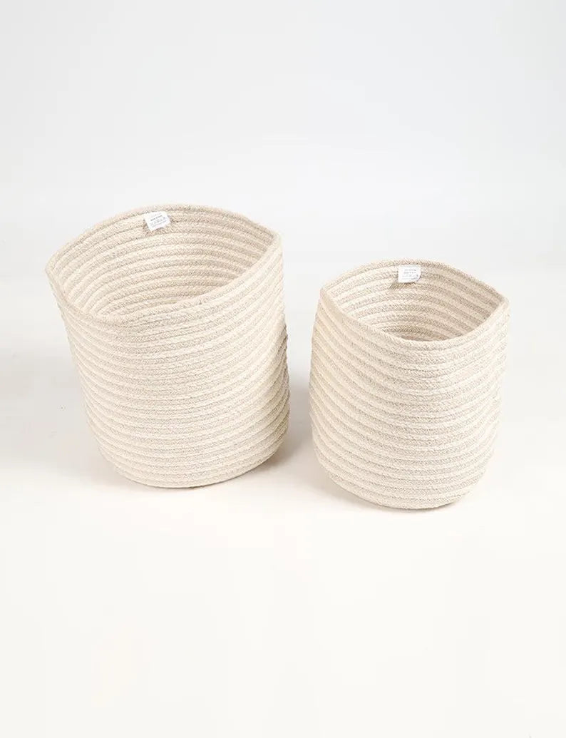 Handmade White Cotton Woven Storage Basket Set (Set of 2)