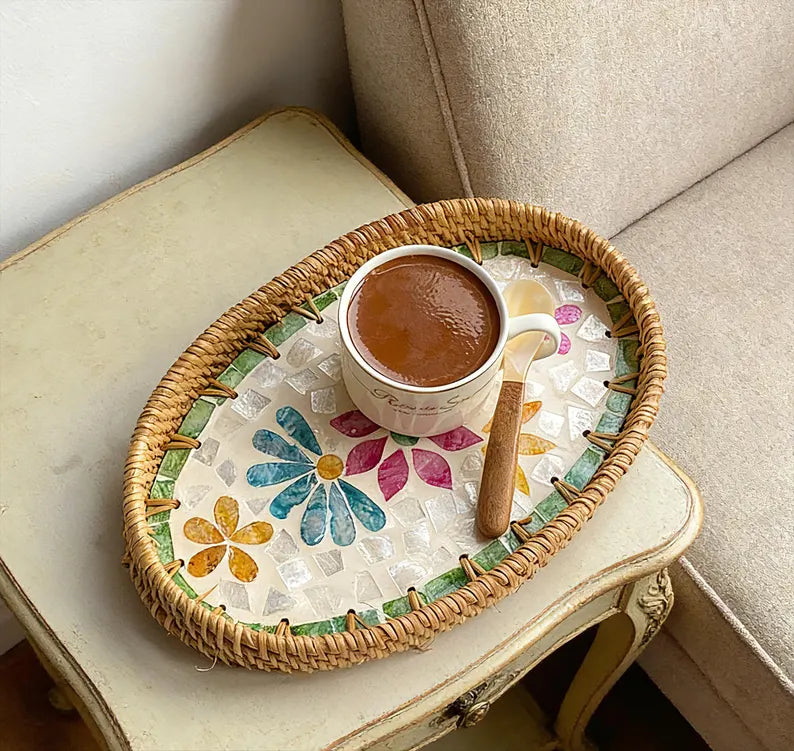 Bandeja en forma de concha de rat�n tejida a mano - Servicio de mimbre de estilo bohemio y