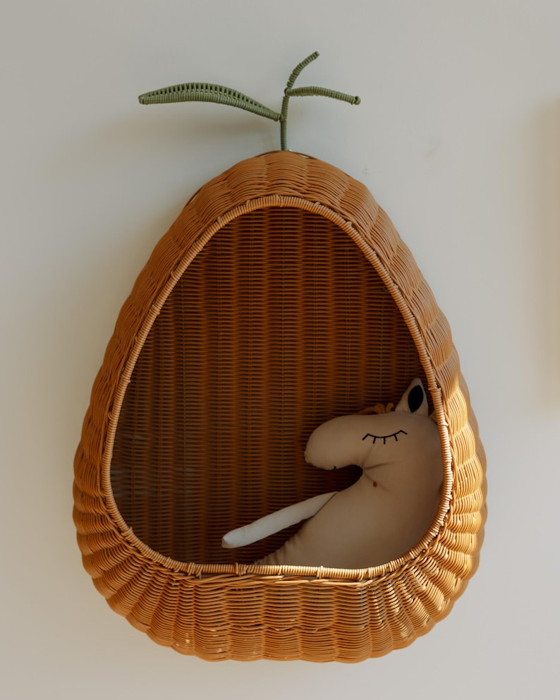 Pear Wicker Wall Basket | Handwoven Rattan Nursery Organizer | Boho Kids