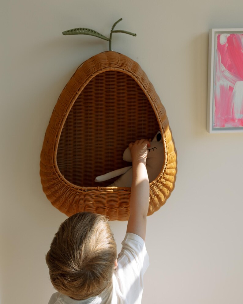 Pear Wicker Wall Basket | Handwoven Rattan Nursery Organizer | Boho Kids
