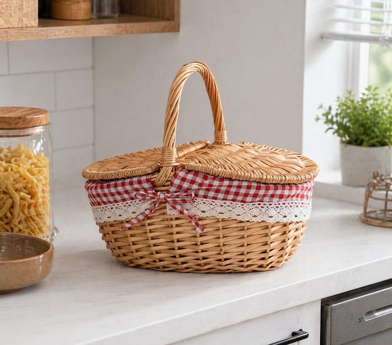Handmade Wicker Picnic Basket | Rustic Style Hamper with Lid & Handle | Woven