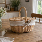 Handmade Wicker Picnic Basket | Rustic Style Hamper with Lid & Handle | Woven