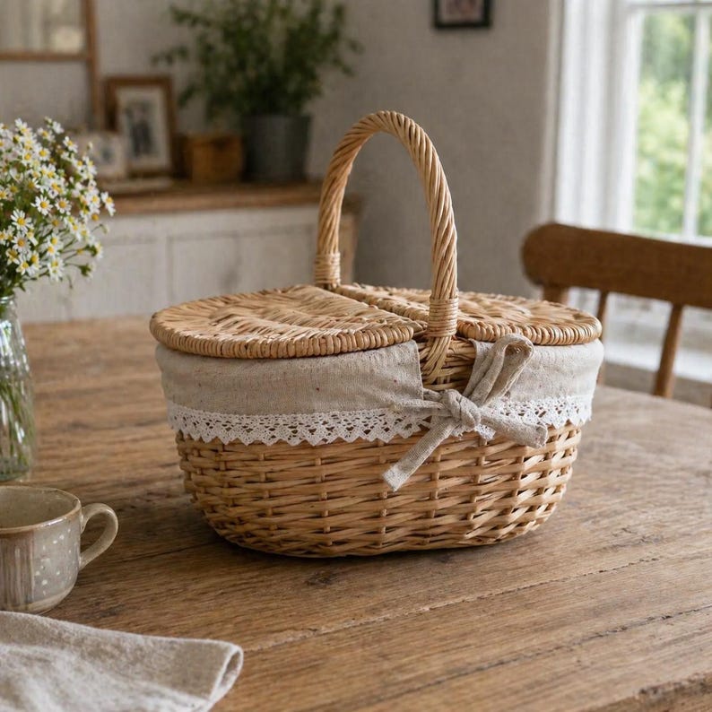 Handmade Wicker Picnic Basket | Rustic Style Hamper with Lid & Handle | Woven